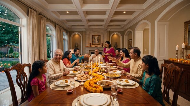 Happy indian family celebrating diwali festival with traditional