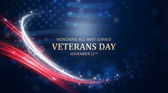 Patriotic background with veterans day text and dynamic red and white light streaks