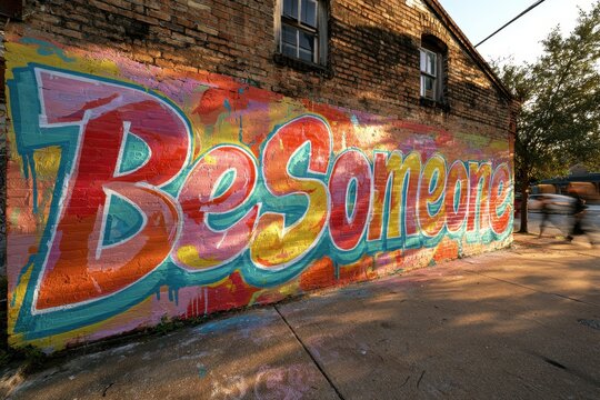 Houston street mural with bold 'Be Someone' graffiti on a brick wall, vibrant colors and urban energy