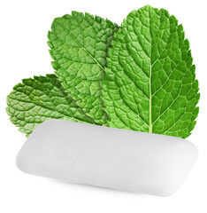 Menthol chewing gum and green mint leaves against transparent background © New Africa
