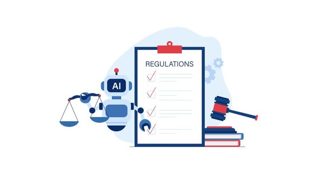 Animated AI with Scales of Justice. Artificial Intelligence Law and Regulations Concept 