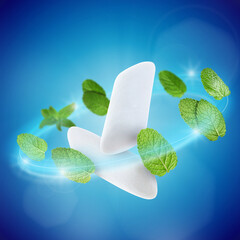 Menthol chewing gum pieces and mint leaves in air against blue background © New Africa