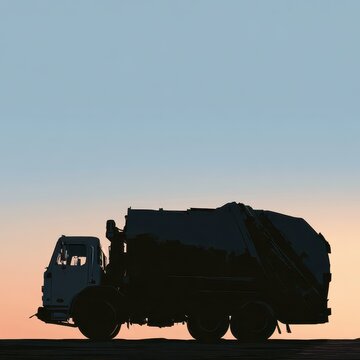 Industrial style illustration of a garbage truck silhouette against a sky gradient