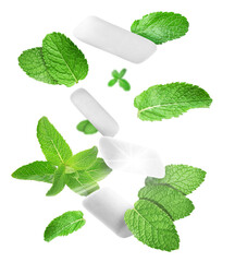 Menthol chewing gum pieces and mint leaves in air against transparent background © New Africa