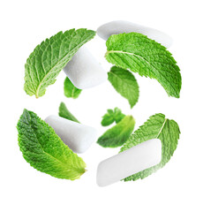 Menthol chewing gum pieces and mint leaves in air against transparent background © New Africa