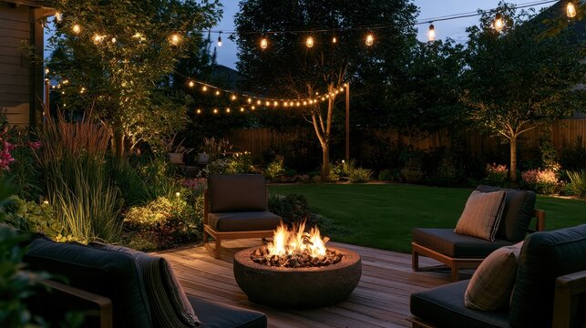 Intimate evening by a glowing fire pit on a modern patio surrounded by lush greenery