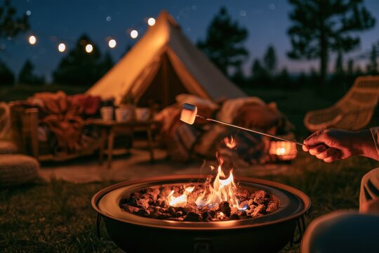 Intimate outdoor campsite glow: toasting a marshmallow by a soft-lit gas fire during glamping