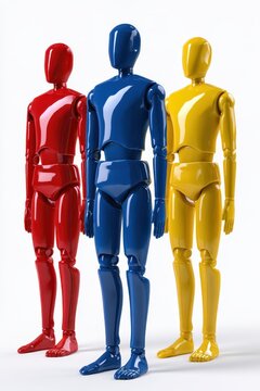 Isolated crash test dummies: Colorful 3D mannequins on a white background