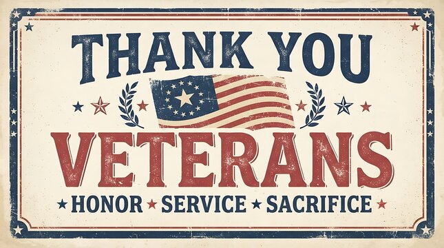 Vintage style sign expressing gratitude for veterans with american flag imagery