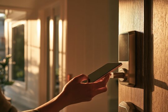 Keyless entry concept: modern door with a touchscreen lock and smartphone access
