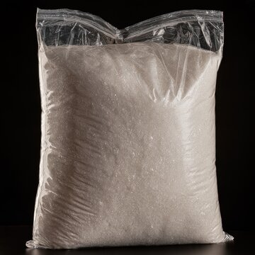 Jumbo bag of white granulated sugar isolated on black background in studio product photography