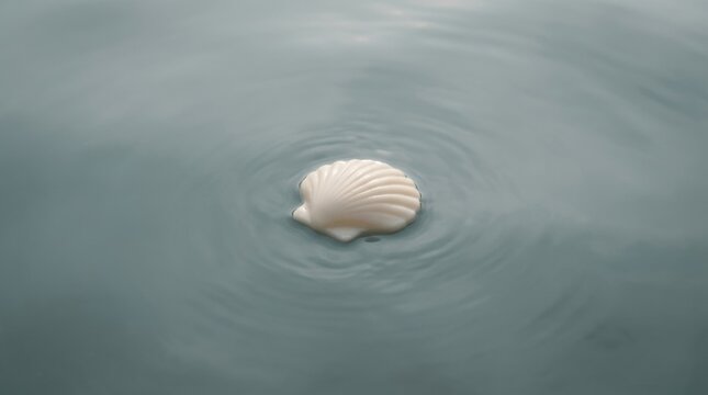 A lone seashell rests on a calm, rippling water surface.