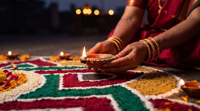 Indian woman holding lit diya lamp over colorful rangoli pattern for