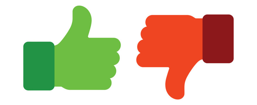 Thumbs Up And Down Icon Set Featuring Green Approval And Red Disapproval Symbols For Surveys, User Feedback, Evaluation And Digital Applications.