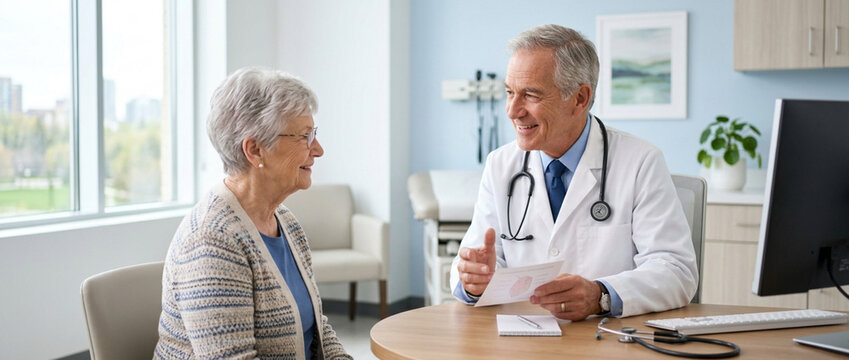 Doctor consulting elderly patient in bright clinic office