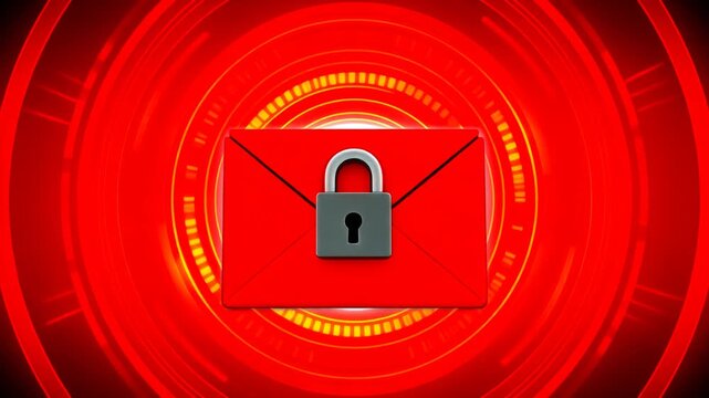 激しい光の渦に守られた立体的な赤い封筒と金属南京錠が厳重なデータ暗号化とメール保護を表現するダイナミックな光景