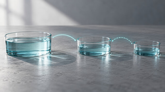 Glass container laboratory liquid sample decreasing size scientific asset settlement. Glass containers of decreasing size hold liquid samples