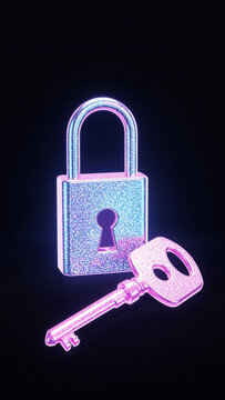 Futuristic padlock illustrations in glowing blue, pink and purple neon colors against dark backgrounds. Some designs include matching keys and open locks, representing digital security, encryption, pr