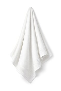 Elegant white towel hanging against a plain background.