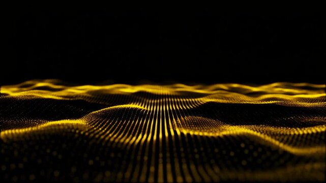 無数の金色の粒子が暗闇の中で三次元の美しい波を描き流れる広大な空間を感じさせる流動的キラキラグラフィック
