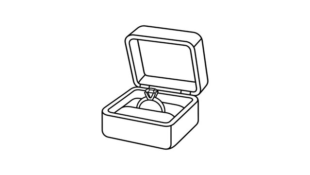 Diamond engagement ring in open velvet jewelry box outline vector art.