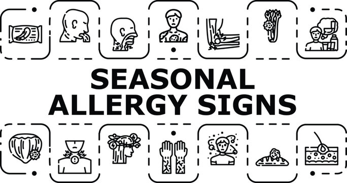 Seasonal allergy signs banner infographic. Wheezing pollen, rash season, pressure sinus icon vector illustration