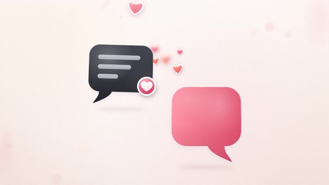 Animated social media chat bubbles with heart reaction icons representing digital communication and online dating.