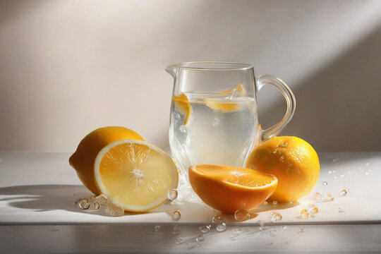 Tactile details of lemon and water in glass