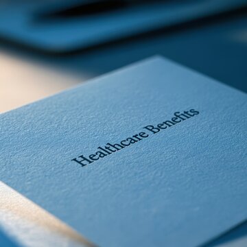 Blue framed card showing Healthcare Benefits on a modern office desk
