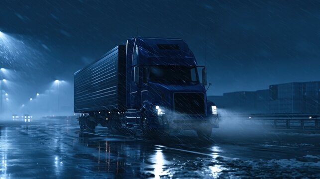 Blue long-haul truck at night on a rain-soaked freeway beside industrial warehouses
