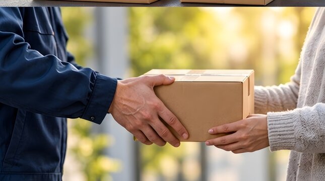 Close-up of a professional delivery courier in a blue uniform handing a cardboard package box to a female customer outdoors. Concept of e-commerce shipping, logistics service, and home delivery.