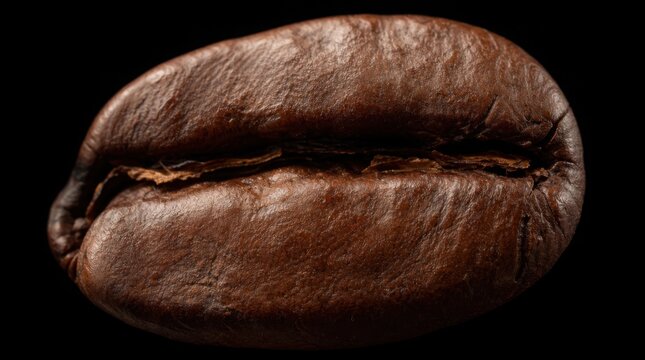 Close-up image of a single roasted coffee bean showing texture and cracks on a black background.