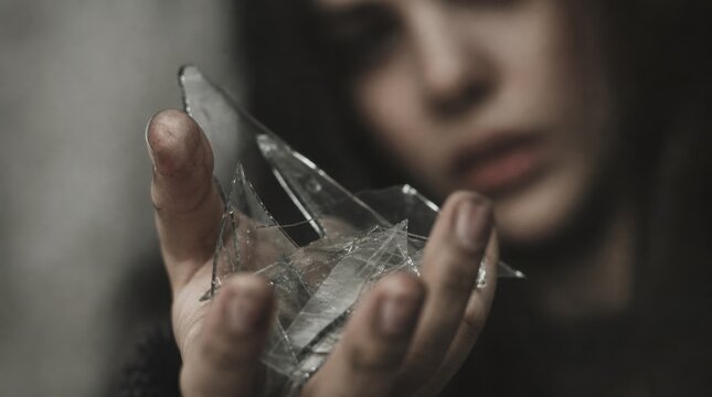 A person holds sharp, broken glass shards in a dirty hand, with a blurred face in the background, evoking a sense of pain or danger.