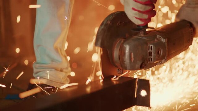 Worker cuts metal, sparks fly vividly. Hands grip tool with focused determination. Craftsmanship shines through fiery sparks. Ideal for construction, industrial, or repair scenes