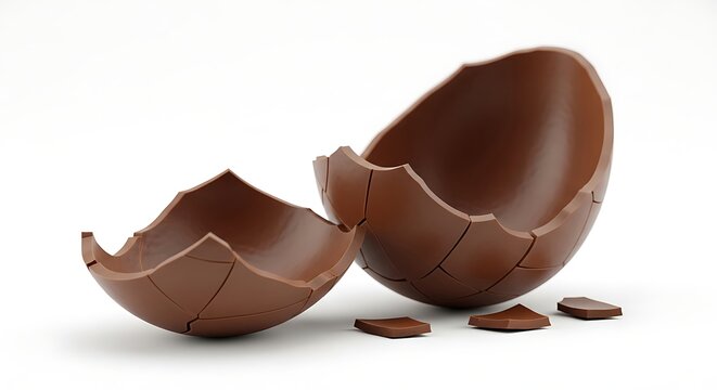 Broken chocolate easter egg shell halves isolated on white background