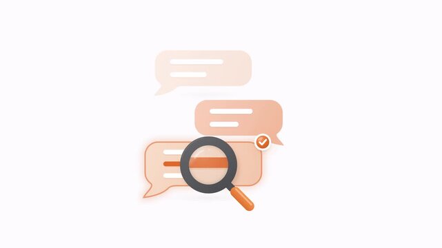Animated magnifying glass searching through a digital chat message thread and conversation bubbles.