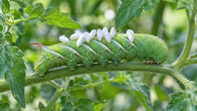 Tomato hornworm crop protection supports plant health as parasitized caterpillar rests on green stem among leaves in garden