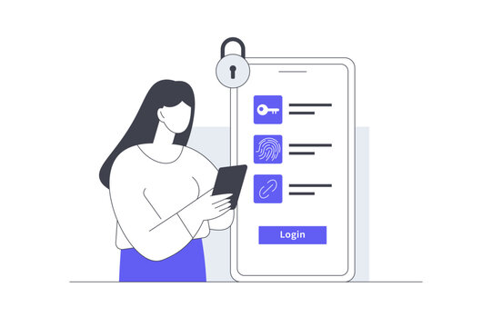 Biometric Authentication Mobile Security and User Login Identification. Female Specialist Holding Phone with Fingerprint Scanner Key Lock Padlock and Login Button. Flat Cartoon Vector Illustration