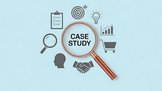 Magnifying glass focusing on case study with business and marketing icons around it on blue background