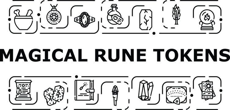 Magical rune tokens banner infographic. Mystic glyph, charm arcane, sigil fortune icon vector illustration
