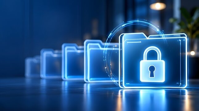 Cybersecurity concept with blue glowing digital folders and padlock icon representing data protection, file encryption, and secure document management in a modern high-tech business environment.