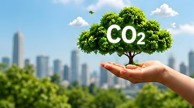 Environmental Sustainability Concept Featuring a Human Hand Holding a Green Tree Shaped Like a Cloud with CO2 Text Over a Blurred Urban City Background, Representing Carbon Neutrality and Net Zero.