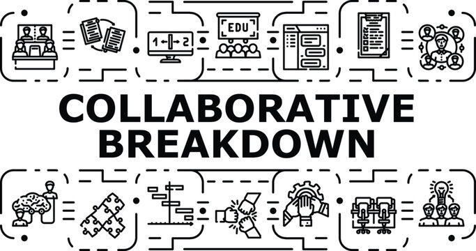 Collaborative breakdown banner infographic. Disruption misunderstanding, collaboration miscommunication, teamwork fragmentation icon vector illustration