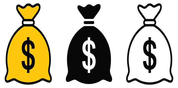 Money bag vector collection, outlined and solid black money sack icons with currency symbols for financial services, wealth management, budgeting, accounting, and savings.