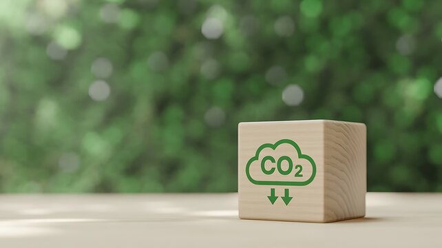 Cube with CO2 icon and downward arrows symbolizing carbon emissions reduction and environmental protection against a blurred green nature background