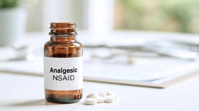 Close-up of analgesic pills and a generic medicine bottle illustrating the NSAID pain relief concept in a clinical setting