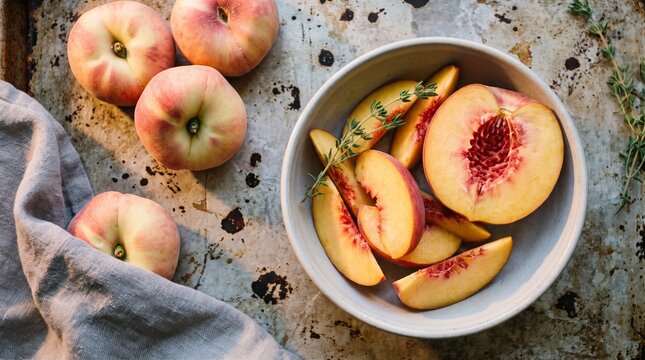 Fresh Sliced Flat Peaches and Whole Saturn Peaches in a Ceramic Bowl on a Rustic Metal Background