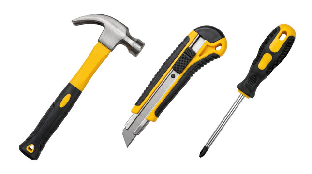 Claw hammer, retractable utility knife, and phillips head screwdriver with yellow and black rubberized handles on a white background