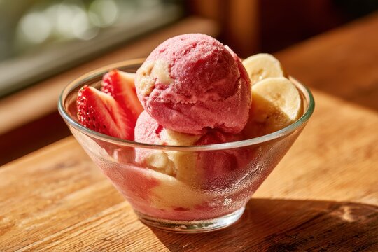 Close-up of pink and pale yellow sorbet scoop in glass on warm wood surface