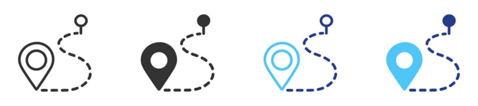 Map pin and navigation route icon set, location markers with dashed paths in line and filled styles on transparent background
